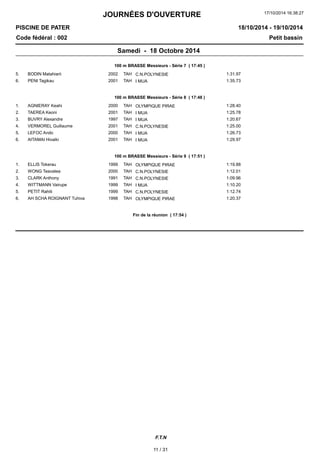 JOURNÉES D'OUVERTURE 
17/10/2014 16:38:27 
PISCINE DE PATER 
Code fédéral : 002 Petit bassin 
18/10/2014 - 19/10/2014 
Samedi - 18 Octobre 2014 
100 m BRASSE Messieurs - Série 7 ( 17:45 ) 
5. BODIN Matahiarii 2002 TAH C.N.POLYNESIE 1:31.97 
6. PENI Tagikau 2001 TAH I MUA 1:35.73 
100 m BRASSE Messieurs - Série 8 ( 17:48 ) 
1. AGNIERAY Keahi 2000 TAH OLYMPIQUE PIRAE 1:28.40 
2. TAEREA Keoni 2001 TAH I MUA 1:25.78 
3. BUVRY Alexandre 1997 TAH I MUA 1:20.67 
4. VERMOREL Guillaume 2001 TAH C.N.POLYNESIE 1:25.00 
5. LEFOC Ando 2000 TAH I MUA 1:26.73 
6. AITAMAI Hivaiki 2001 TAH I MUA 1:29.97 
100 m BRASSE Messieurs - Série 9 ( 17:51 ) 
1. ELLIS Tokerau 1999 TAH OLYMPIQUE PIRAE 1:19.88 
2. WONG Teavatea 2000 TAH C.N.POLYNESIE 1:12.01 
3. CLARK Anthony 1991 TAH C.N.POLYNESIE 1:09.96 
4. WITTMANN Vairupe 1999 TAH I MUA 1:10.20 
5. PETIT Rahiti 1999 TAH C.N.POLYNESIE 1:12.74 
6. AH SCHA ROIGNANT Tuhiva 1998 TAH OLYMPIQUE PIRAE 1:20.37 
Fin de la réunion ( 17:54 ) 
F.T.N 
11 / 31 
 