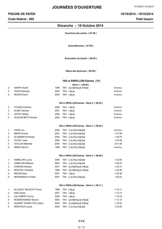 JOURNÉES D'OUVERTURE 
17/10/2014 16:38:27 
PISCINE DE PATER 
Code fédéral : 002 Petit bassin 
18/10/2014 - 19/10/2014 
Dimanche - 19 Octobre 2014 
Ouverture des portes ( 07:00 ) 
Echauffements ( 07:00 ) 
Evacuation du bassin ( 08:45 ) 
Début des épreuves ( 09:00 ) 
100 m PAPILLON Dames (11) 
Série 1 ( 09:00 ) 
2. HAAPII Tauhiti 1999 OLYMPIQUE TAH PIRAE Inconnu 
3. TEATA Mokotea 2002 TAH I MUA Inconnu 
4. REDON Kahili 2004 TAH I MUA Inconnu 
100 m PAPILLON Dames - Série 2 ( 09:02 ) 
2. TCHING Poehere 2000 TAH I MUA Inconnu 
3. ALINE Clarisse 2001 TAH I MUA Inconnu 
4. LEFOC Heilani 2000 TAH I MUA Inconnu 
5. GUGLIELMETTI Ambre 2002 TAH I MUA Inconnu 
100 m PAPILLON Dames - Série 3 ( 09:05 ) 
1. HAHN Lou 2002 TAH C.N.POLYNESIE Inconnu 
2. MARTI Anavai 2001 TAH C.N.POLYNESIE 1:47.56 
3. GLASMAN Penelope 2002 TAH C.N.POLYNESIE 1:39.75 
4. VUVIET Jade 2000 TAH C.N.POLYNESIE 1:43.85 
5. SOULON Mathilde 2000 TAH C.N.POLYNESIE 2:01.99 
6. AMAR Salome 1999 TAH C.N.POLYNESIE Inconnu 
100 m PAPILLON Dames - Série 4 ( 09:08 ) 
1. HAMELAIN Louna 2000 TAH C.N.POLYNESIE 1:35.85 
2. HAMELAIN Melissa 2002 TAH C.N.POLYNESIE 1:28.78 
3. CHENON Adriana 2001 TAH OLYMPIQUE PIRAE 1:25.31 
4. MONTEIL Charlotte 1998 TAH OLYMPIQUE PIRAE 1:25.36 
5. REDON Atea 2001 TAH I MUA 1:35.36 
6. MORANDEAU Kristell 2001 TAH C.N.POLYNESIE 1:36.02 
100 m PAPILLON Dames - Série 5 ( 09:11 ) 
1. ALLAGUY SALACHY Prisca 1999 TAH I MUA 1:19.11 
2. DIAZ Alizee 2001 TAH I MUA 1:13.14 
3. LALLEMENT Emmy 2000 TAH I MUA 1:10.43 
4. ROOMATAAROA Tekuriri 2000 TAH OLYMPIQUE PIRAE 1:12.10 
5. GUERRY WONG FOO Leilani 2002 TAH OLYMPIQUE PIRAE 1:18.32 
6. MONTOUX Louise 2000 TAH C.N.POLYNESIE 1:23.00 
F.T.N 
12 / 31 
 