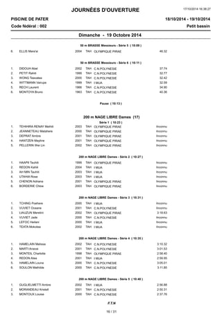 JOURNÉES D'OUVERTURE 
17/10/2014 16:38:27 
PISCINE DE PATER 
Code fédéral : 002 Petit bassin 
18/10/2014 - 19/10/2014 
Dimanche - 19 Octobre 2014 
50 m BRASSE Messieurs - Série 5 ( 10:09 ) 
6. ELLIS Mara'ai 2004 TAH OLYMPIQUE PIRAE 46.32 
50 m BRASSE Messieurs - Série 6 ( 10:11 ) 
1. DIDOUH Abel 2002 TAH C.N.POLYNESIE 37.74 
2. PETIT Rahiti 1999 TAH C.N.POLYNESIE 32.77 
3. WONG Teavatea 2000 TAH C.N.POLYNESIE 32.42 
4. WITTMANN Vairupe 1999 TAH I MUA 32.59 
5. RECH Laurent 1966 TAH C.N.POLYNESIE 34.90 
6. MONTOYA Bruno 1963 TAH C.N.POLYNESIE 40.36 
Pause ( 10:13 ) 
200 m NAGE LIBRE Dames (17) 
Série 1 ( 10:23 ) 
1. TEHIHIRA RENAY Meihiti 2003 TAH OLYMPIQUE PIRAE Inconnu 
2. JEANNETEAU Matahere 2000 TAH OLYMPIQUE PIRAE Inconnu 
3. DEPRAT Ambre 2001 TAH OLYMPIQUE PIRAE Inconnu 
4. HANTZEN Mayline 2001 TAH OLYMPIQUE PIRAE Inconnu 
5. PELLERIN Wei Lin 2002 TAH OLYMPIQUE PIRAE Inconnu 
200 m NAGE LIBRE Dames - Série 2 ( 10:27 ) 
1. HAAPII Tauhiti 1999 TAH OLYMPIQUE PIRAE Inconnu 
2. REDON Kahili 2004 TAH I MUA Inconnu 
3. AH MIN Tauhiti 2003 TAH I MUA Inconnu 
4. UTAHIA Rose 2003 TAH I MUA Inconnu 
5. CHENON Adriana 2001 TAH OLYMPIQUE PIRAE Inconnu 
6. BORDERIE Chloe 2003 TAH OLYMPIQUE PIRAE Inconnu 
200 m NAGE LIBRE Dames - Série 3 ( 10:31 ) 
1. TCHING Poehere 2000 TAH I MUA Inconnu 
2. VUVIET Oceane 2001 TAH C.N.POLYNESIE Inconnu 
3. LIAUZUN Meretini 2002 TAH OLYMPIQUE PIRAE 3:18.63 
4. VUVIET Jade 2000 TAH C.N.POLYNESIE Inconnu 
5. LEFOC Heilani 2000 TAH I MUA Inconnu 
6. TEATA Mokotea 2002 TAH I MUA Inconnu 
200 m NAGE LIBRE Dames - Série 4 ( 10:35 ) 
1. HAMELAIN Melissa 2002 TAH C.N.POLYNESIE 3:10.32 
2. MARTI Anavai 2001 TAH C.N.POLYNESIE 3:01.53 
3. MONTEIL Charlotte 1998 TAH OLYMPIQUE PIRAE 2:58.40 
4. REDON Atea 2001 TAH I MUA 2:59.95 
5. HAMELAIN Louna 2000 TAH C.N.POLYNESIE 3:05.01 
6. SOULON Mathilde 2000 TAH C.N.POLYNESIE 3:11.85 
200 m NAGE LIBRE Dames - Série 5 ( 10:40 ) 
1. GUGLIELMETTI Ambre 2002 TAH I MUA 2:56.88 
2. MORANDEAU Kristell 2001 TAH C.N.POLYNESIE 2:50.31 
3. MONTOUX Louise 2000 TAH C.N.POLYNESIE 2:37.76 
F.T.N 
16 / 31 
 