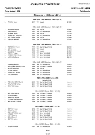 JOURNÉES D'OUVERTURE 
17/10/2014 16:38:27 
PISCINE DE PATER 
Code fédéral : 002 Petit bassin 
18/10/2014 - 19/10/2014 
Dimanche - 19 Octobre 2014 
200 m NAGE LIBRE Messieurs - Série 5 ( 11:05 ) 
6. TAEREA Keoni 2001 TAH I MUA 2:42.20 
200 m NAGE LIBRE Messieurs - Série 6 ( 11:09 ) 
1. PHILIBERT Marius 2001 TAH I MUA 2:29.10 
2. LAUGHLIN Sky 2001 TAH C.N.POLYNESIE 2:23.97 
3. AITAMAI Hivaiki 2001 TAH I MUA 2:22.55 
4. VERMOREL Guillaume 2001 TAH C.N.POLYNESIE 2:22.81 
5. WITTMANN Vairupe 1999 TAH I MUA 2:24.30 
6. CAVANIE Kenwen 2000 TAH C.N.POLYNESIE 2:30.51 
200 m NAGE LIBRE Messieurs - Série 7 ( 11:13 ) 
1. PERODEAU Toanui 1999 TAH OLYMPIQUE PIRAE 2:20.50 
2. LEFOC Ando 2000 TAH I MUA 2:17.08 
3. RANSBOTYN Vetearii 1998 TAH I MUA 2:13.40 
4. PERRY Philippe 1998 TAH C.N.POLYNESIE 2:13.89 
5. HABERSTROH Steven 1999 TAH C.N.POLYNESIE 2:18.67 
6. JEZEQUEL Dayne 1998 TAH C.N.POLYNESIE 2:21.84 
200 m NAGE LIBRE Messieurs - Série 8 ( 11:17 ) 
1. SICHAN Heimanu 1990 TAH C.N.POLYNESIE 2:08.00 
2. AH SCHA ROIGNANT Tuhiva 1998 TAH OLYMPIQUE PIRAE 1:58.72 
3. BUVRY Alexandre 1997 TAH I MUA 1:57.27 
4. CLARK Anthony 1991 TAH C.N.POLYNESIE 1:58.15 
5. VERMOREL Nicolas 1999 TAH C.N.POLYNESIE 1:59.05 
6. THOMAS Hikitia 1999 TAH C.N.POLYNESIE 2:11.76 
100 m 4 NAGES Dames (19) 
Série 1 ( 11:21 ) 
2. TEHIHIRA RENAY Meihiti 2003 TAH OLYMPIQUE PIRAE Inconnu 
3. RAUFAUORE Vaihau 2004 TAH OLYMPIQUE PIRAE Inconnu 
4. SANFORD Anirau 2004 TAH OLYMPIQUE PIRAE Inconnu 
100 m 4 NAGES Dames - Série 2 ( 11:23 ) 
1. PELLERIN Wei Lin 2002 TAH OLYMPIQUE PIRAE Inconnu 
2. LE BESQ Nikita 2002 TAH OLYMPIQUE PIRAE Inconnu 
3. HANTZEN Mayline 2001 TAH OLYMPIQUE PIRAE Inconnu 
4. JEANNETEAU Matahere 2000 TAH OLYMPIQUE PIRAE Inconnu 
5. MALHERBE Kautenaki 2004 TAH OLYMPIQUE PIRAE Inconnu 
100 m 4 NAGES Dames - Série 3 ( 11:26 ) 
1. DEANE Hinareva 2002 TAH OLYMPIQUE PIRAE Inconnu 
2. HAAPII Tauhiti 1999 TAH OLYMPIQUE PIRAE Inconnu 
3. TEAMOTUAITAU Kalei 2005 TAH C.N.POLYNESIE Inconnu 
4. AMAR Salome 1999 TAH C.N.POLYNESIE Inconnu 
5. BELLI Deborah 2002 TAH OLYMPIQUE PIRAE Inconnu 
6. DEPRAT Ambre 2001 TAH OLYMPIQUE PIRAE Inconnu 
100 m 4 NAGES Dames - Série 4 ( 11:29 ) 
1. VUVIET Oceane 2001 TAH C.N.POLYNESIE Inconnu 
F.T.N 
18 / 31 
 