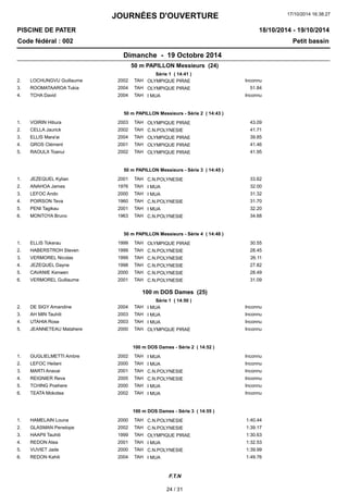 JOURNÉES D'OUVERTURE 
17/10/2014 16:38:27 
PISCINE DE PATER 
Code fédéral : 002 Petit bassin 
18/10/2014 - 19/10/2014 
Dimanche - 19 Octobre 2014 
50 m PAPILLON Messieurs (24) 
Série 1 ( 14:41 ) 
2. LOCHUNGVU Guillaume 2002 OLYMPIQUE TAH PIRAE Inconnu 
3. ROOMATAAROA Tukia 2004 TAH OLYMPIQUE PIRAE 51.84 
4. TCHA David 2004 TAH I MUA Inconnu 
50 m PAPILLON Messieurs - Série 2 ( 14:43 ) 
1. VOIRIN Hitiura 2003 TAH OLYMPIQUE PIRAE 43.09 
2. CELLA Jaurick 2002 TAH C.N.POLYNESIE 41.71 
3. ELLIS Mara'ai 2004 TAH OLYMPIQUE PIRAE 39.85 
4. GROS Clément 2001 TAH OLYMPIQUE PIRAE 41.46 
5. RAOULX Toanui 2002 TAH OLYMPIQUE PIRAE 41.95 
50 m PAPILLON Messieurs - Série 3 ( 14:45 ) 
1. JEZEQUEL Kylian 2001 TAH C.N.POLYNESIE 33.62 
2. ANAHOA James 1976 TAH I MUA 32.00 
3. LEFOC Ando 2000 TAH I MUA 31.32 
4. POIRSON Teva 1960 TAH C.N.POLYNESIE 31.70 
5. PENI Tagikau 2001 TAH I MUA 32.20 
6. MONTOYA Bruno 1963 TAH C.N.POLYNESIE 34.68 
50 m PAPILLON Messieurs - Série 4 ( 14:48 ) 
1. ELLIS Tokerau 1999 TAH OLYMPIQUE PIRAE 30.55 
2. HABERSTROH Steven 1999 TAH C.N.POLYNESIE 28.45 
3. VERMOREL Nicolas 1999 TAH C.N.POLYNESIE 26.11 
4. JEZEQUEL Dayne 1998 TAH C.N.POLYNESIE 27.82 
5. CAVANIE Kenwen 2000 TAH C.N.POLYNESIE 28.49 
6. VERMOREL Guillaume 2001 TAH C.N.POLYNESIE 31.09 
100 m DOS Dames (25) 
Série 1 ( 14:50 ) 
2. DE SIGY Amandine 2004 TAH I MUA Inconnu 
3. AH MIN Tauhiti 2003 TAH I MUA Inconnu 
4. UTAHIA Rose 2003 TAH I MUA Inconnu 
5. JEANNETEAU Matahere 2000 TAH OLYMPIQUE PIRAE Inconnu 
100 m DOS Dames - Série 2 ( 14:52 ) 
1. GUGLIELMETTI Ambre 2002 TAH I MUA Inconnu 
2. LEFOC Heilani 2000 TAH I MUA Inconnu 
3. MARTI Anavai 2001 TAH C.N.POLYNESIE Inconnu 
4. REIGNIER Reva 2005 TAH C.N.POLYNESIE Inconnu 
5. TCHING Poehere 2000 TAH I MUA Inconnu 
6. TEATA Mokotea 2002 TAH I MUA Inconnu 
100 m DOS Dames - Série 3 ( 14:55 ) 
1. HAMELAIN Louna 2000 TAH C.N.POLYNESIE 1:40.44 
2. GLASMAN Penelope 2002 TAH C.N.POLYNESIE 1:39.17 
3. HAAPII Tauhiti 1999 TAH OLYMPIQUE PIRAE 1:30.63 
4. REDON Atea 2001 TAH I MUA 1:32.53 
5. VUVIET Jade 2000 TAH C.N.POLYNESIE 1:39.99 
6. REDON Kahili 2004 TAH I MUA 1:49.76 
F.T.N 
24 / 31 
 