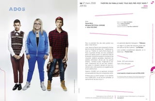 45
Parents,COUREZvoircespectacle,occasionimmanquabledemieuxcomprendrenosados
Pour la première fois des ados parlent aux
ados, il était temps !
Lola, Jason et Pascal vous proposent d’entrer
dans le monde merveilleux de … l’adolescence.
Joué au Théâtre le Grand-Point-Virgule de
Paris à guichets fermés, les trois comédiens
pleins de talents jouent un spectacle drôle et
burlesque, rempli de situations cocasses et de
chansons célèbres parodiées, exprimant les
palettes d’émotions vécues par nos grands
enfants : l’amitié, la peur, l’ingénuité, la naï-
veté, l’impression de ne pas être compris…
Sur scène, ils chantent, dansent et nous en-
traînent dans cette aventure incroyable qu’est
la pré-adolescence.
Parents, COUREZ voir ce spectacle, occasion
immanquable de mieux les comprendre, enfin.
Enfants plus ou moins grands, si vos parents
vous GONFLENT, ce qui est fort probable, ce
spectacle est fait pour vous !!!
Un spectacle déjanté et décapant. / Télérama
Un régal !!! La pièce fait mouche auprès des
pré-ados et de leurs parents. / Le Parisien
Une comédie complètement déjantée, on rit
beaucoup. / France Inter
Durée : 1h15 sans entracte
Tarifs 5,50-29€ (p62)
Le bar lounge de La Coupole est ouvert de 19h30 à 23h30
Pour une boisson achetée, le bar-restaurant Le Tyl vous offre une bière pression ou
une coupe de Prosecco rosé, sous présentation de votre billet de théâtre du jour.
sa 17 mars 2018
20h30
lacoupole.fr
Prix détaillés et plus d’informations sur le spectacle
Mise en scène Olivier SOLIVERES
Décors Juliette AZZOPARDI
Lumières Fred MILLOT
Spectacle présenté par Jean-Marc DUMONTET
Avec
Pascal BUIL,
Morgane RICOTEAU-JEROME
et Jason ROLAND
FRANCE
ADOS
THÉÂTRE EN FAMILLE AVEC TOUS NOS PRÉ-POST ADOS !
03 89 70 03 13 billetterie2017@theatrelacoupole.fr
Réservations ma-ve 9h30-13h
Comédiennesousréservedemodiﬁcations
©JulienWeber
ADOS
17.03.18
 