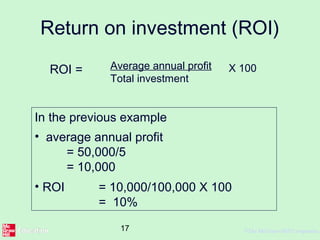 17 ©The McGraw-Hill Companies,
Return on investment (ROI)
ROI = Average annual profit
Total investment
X 100
In the previous example
• average annual profit
= 50,000/5
= 10,000
• ROI = 10,000/100,000 X 100
= 10%
 