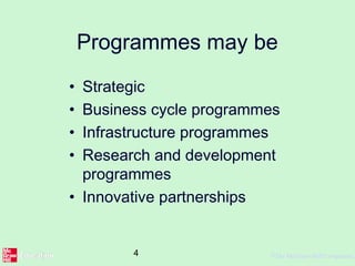 4 ©The McGraw-Hill Companies,
Programmes may be
• Strategic
• Business cycle programmes
• Infrastructure programmes
• Research and development
programmes
• Innovative partnerships
 