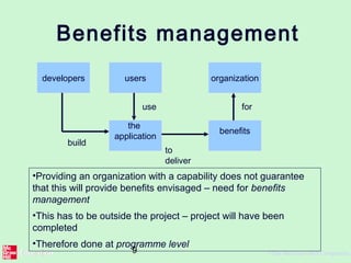 9 ©The McGraw-Hill Companies,
Benefits management
the
application
developers users
benefits
build
use
to
deliver
organization
for
•Providing an organization with a capability does not guarantee
that this will provide benefits envisaged – need for benefits
management
•This has to be outside the project – project will have been
completed
•Therefore done at programme level
 