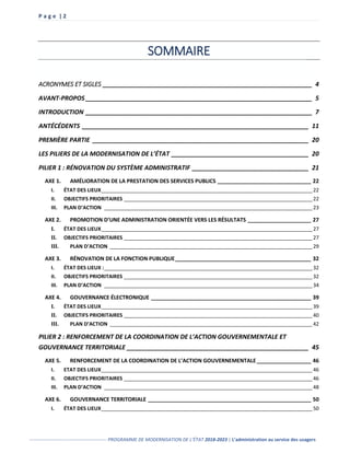 P a g e | 2
------------------------------------------------- PROGRAMME DE MODERNISATION DE L’ÉTAT 2018-2023 | L’administration au service des usagers
SOMMAIRE
ACRONYMES ET SIGLES _____________________________________________________________ 4
AVANT-PROPOS __________________________________________________________________ 5
INTRODUCTION __________________________________________________________________ 7
ANTÉCÉDENTS __________________________________________________________________ 11
PREMIÈRE PARTIE _______________________________________________________________ 20
LES PILIERS DE LA MODERNISATION DE L’ÉTAT ________________________________________ 20
PILIER 1 : RÉNOVATION DU SYSTÈME ADMINISTRATIF __________________________________ 21
AXE 1. AMÉLIORATION DE LA PRESTATION DES SERVICES PUBLICS _______________________________ 22
I. ÉTAT DES LIEUX___________________________________________________________________________22
II. OBJECTIFS PRIORITAIRES ___________________________________________________________________22
III. PLAN D’ACTION __________________________________________________________________________23
AXE 2. PROMOTION D’UNE ADMINISTRATION ORIENTÉE VERS LES RÉSULTATS _____________________ 27
I. ÉTAT DES LIEUX___________________________________________________________________________27
II. OBJECTIFS PRIORITAIRES ___________________________________________________________________27
III. PLAN D’ACTION ________________________________________________________________________29
AXE 3. RÉNOVATION DE LA FONCTION PUBLIQUE_____________________________________________ 32
I. ÉTAT DES LIEUX :__________________________________________________________________________32
II. OBJECTIFS PRIORITAIRES ___________________________________________________________________32
III. PLAN D’ACTION __________________________________________________________________________34
AXE 4. GOUVERNANCE ÉLECTRONIQUE _____________________________________________________ 39
I. ÉTAT DES LIEUX___________________________________________________________________________39
II. OBJECTIFS PRIORITAIRES ___________________________________________________________________40
III. PLAN D’ACTION ________________________________________________________________________42
PILIER 2 : RENFORCEMENT DE LA COORDINATION DE L’ACTION GOUVERNEMENTALE ET
GOUVERNANCE TERRITORIALE _____________________________________________________ 45
AXE 5. RENFORCEMENT DE LA COORDINATION DE L’ACTION GOUVERNEMENTALE__________________ 46
I. ETAT DES LIEUX___________________________________________________________________________46
II. OBJECTIFS PRIORITAIRES ___________________________________________________________________46
III. PLAN D’ACTION __________________________________________________________________________48
AXE 6. GOUVERNANCE TERRITORIALE ______________________________________________________ 50
I. ÉTAT DES LIEUX___________________________________________________________________________50
 