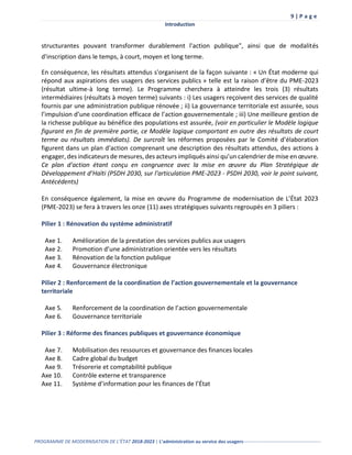 9 | P a g e
Introduction
PROGRAMME DE MODERNISATION DE L’ÉTAT 2018-2023 | L’administration au service des usagers-------------------------------------------------
structurantes pouvant transformer durablement l'action publique", ainsi que de modalités
d'inscription dans le temps, à court, moyen et long terme.
En conséquence, les résultats attendus s'organisent de la façon suivante : « Un État moderne qui
répond aux aspirations des usagers des services publics » telle est la raison d’être du PME-2023
(résultat ultime-à long terme). Le Programme cherchera à atteindre les trois (3) résultats
intermédiaires (résultats à moyen terme) suivants : i) Les usagers reçoivent des services de qualité
fournis par une administration publique rénovée ; ii) La gouvernance territoriale est assurée, sous
l’impulsion d’une coordination efficace de l’action gouvernementale ; iii) Une meilleure gestion de
la richesse publique au bénéfice des populations est assurée, (voir en particulier le Modèle logique
figurant en fin de première partie, ce Modèle logique comportant en outre des résultats de court
terme ou résultats immédiats). De surcroît les réformes proposées par le Comité d’élaboration
figurent dans un plan d’action comprenant une description des résultats attendus, des actions à
engager, des indicateurs de mesures, des acteurs impliqués ainsi qu’un calendrier de mise en œuvre.
Ce plan d'action étant conçu en congruence avec la mise en œuvre du Plan Stratégique de
Développement d’Haïti (PSDH 2030, sur l'articulation PME-2023 - PSDH 2030, voir le point suivant,
Antécédents)
En conséquence également, la mise en œuvre du Programme de modernisation de L’État 2023
(PME-2023) se fera à travers les onze (11) axes stratégiques suivants regroupés en 3 piliers :
Pilier 1 : Rénovation du système administratif
Axe 1. Amélioration de la prestation des services publics aux usagers
Axe 2. Promotion d’une administration orientée vers les résultats
Axe 3. Rénovation de la fonction publique
Axe 4. Gouvernance électronique
Pilier 2 : Renforcement de la coordination de l’action gouvernementale et la gouvernance
territoriale
Axe 5. Renforcement de la coordination de l’action gouvernementale
Axe 6. Gouvernance territoriale
Pilier 3 : Réforme des finances publiques et gouvernance économique
Axe 7. Mobilisation des ressources et gouvernance des finances locales
Axe 8. Cadre global du budget
Axe 9. Trésorerie et comptabilité publique
Axe 10. Contrôle externe et transparence
Axe 11. Système d’information pour les finances de l’État
 