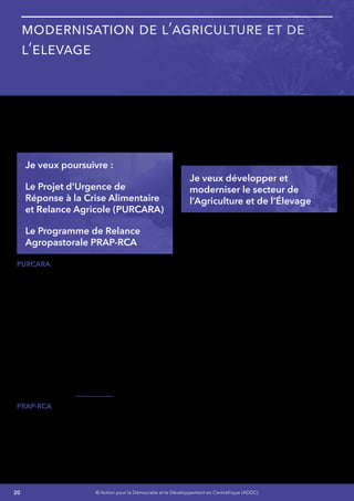 20 © Action pour la Démocratie et le Développement en Centrafrique (ADDC)
Modernisation de l’Agriculture et de
l’Elevage
Il est impératif et urgent d’améliorer le processus
de production, de transformation et des flux de
commercialisation des produits agricoles pour
la consommation intérieure et à l’exportation.
Je veux poursuivre :
Le Projet d’Urgence de
Réponse à la Crise Alimentaire
et Relance Agricole (PURCARA)
Le Programme de Relance
Agropastorale PRAP-RCA
PURCARA–Jevaisfournirdesintrants(Semences
d’arachide, de maïs, de riz et de sorgho) ainsi
que des équipements agricoles avec le support
du financement du projet Funds Agriculture
Organisation (FAO) en cours à hauteur de $20
million et rassurer nos partenaires dans leurs
efforts pour maintenir l’activité agropastorale en
dépit de la crise.
Je vais renforcer la collaboration entre les
ONG, les groupes de producteurs de semences
(REPROSEM) et les opérateurs de proximité
à travers la sécurisation du territoire et le
financement des activités maraichères et les
micro-jardins dans les grandes villes.
PRAP-RCA – Je vais reprendre les négociations
avec la Banque mondiale pour une reprise du
programme de relance agropastorale (PRAP-
RCA) initié en mai 2011 pour un montant initial de
US$30,8millions,visantàluttercontrel’insécurité
alimentaire chronique, avec un focus particulier
sur la partie sud-ouest du pays qui a un potentiel
agricole significatif mais où la malnutrition est
générale et où le taux de chômage est élevé
suite à l’arrêt de plusieurs activités minières. Du
fait de la crise les activités de ce projet vital n’ont
pu être exécutées comme planifiées et la Banque
Mondiale a initié le processus d’annulation des
fonds non déboursés de US$ 21,5millions.
Je veux développer et
moderniser le secteur de
l’Agriculture et de l’Élevage
Je vais mettre en œuvre un Plan Directeur qui
aurapourrésultatdefairedusecteuragropastoral
un véritable moteur de la croissance de notre
pays pour les 10-15 prochaines années.
Ce secteur sera également l’un des piliers de la
politique de décentralisation des régions et un
vecteur d’intégration de notre économie dans la
sous-région CEMAC.
Ce Plan Directeur s’articulera autour des grands
Axes suivants :
•	 Amélioration du cadre institutionnel et
l’environnement de la production,
•	 RéorganisationetModernisationdusecteur
Agro-pastoral
•	 Amélioration de la production, de
la transformation et des flux de
commercialisation des produits agricoles à
l’intérieuretàl’exportation(L’Agrégation du
secteur Agriculture, Elevage, Commence
et Industrie),
•	 Promotion de l’investissement privé et
Financement de cette nouvelle politique.
 