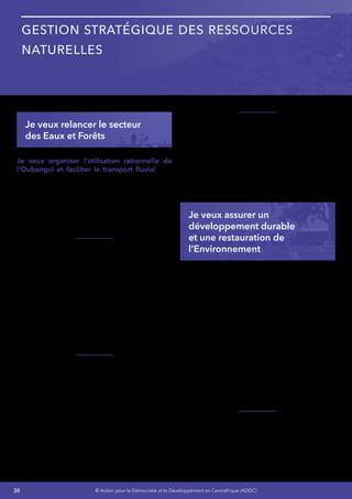 30 © Action pour la Démocratie et le Développement en Centrafrique (ADDC)
Gestion stratégique des Ressources
Naturelles
Je veux relancer le secteur
des Eaux et Forêts
Je veux organiser l’utilisation rationnelle de
l’Oubangui et faciliter le transport fluvial – Je
veillerai à ce que les opérations de dragages sur
l’Oubangui se fassent régulièrement et j’entends
encourager les promoteurs privés à faciliter le
transport des populations riveraines et de leurs
marchandises par voie fluviale. Il s’agit des
populations de Bangui-Zinga-Mongoumba et
Bangui-Kouango-Mobaye-Bangassou.
J’encouragerai de même les centrafricains qui
auront choisi le transport par voie fluviale du
Port de Bangui au Port de Brazzaville d’où les
marchandises sont transportées par rail au port
maritime de pointe Noire, à environ 1815 km de
Bangui.
Cette dernière voie navigable ne peut être
empruntée économiquement que six ou sept
mois par an, période de hautes eaux (Juillet à
Décembre), mais est indispensable pour les
échanges entre nos pays et l’exportation.
Je renforcerai la Sylviculture - Je mettrai un
accent sur le développement de l’agroforesterie
rurale en vue de promouvoir la création d’emploi
des jeunes en milieu rural pour améliorer la
traçabilité et le niveau des recettes  :
•	 Je vais vulgariser les accords de partenariat
disponibles,
•	 Jevaisactualiserlesnormesd’aménagement
et les conservations ainsi que de la gestion
des terroirs de chasse villageois,
•	 Je vais mettre en œuvre des plans
d’aménagement forestier.
Je lancerai un audit sectoriel pour m’aider à la
prise de décision concernant :
•	 La politique forestière à court et à moyen
terme,
•	 La réorganisation du secteur,
•	 La rationalisation et le développement de
la production,
•	 Les stratégies d’action du secteur 2016-
2020
Je veux assurer un
développement durable
et une restauration de
l’Environnement
Notre pays est dans une situation d’abondance
des terres et des ressources naturelle. Notre
faible densité démographique dans le pays fait
que la reproduction des habitats naturels n’est
pas un danger.
Notre pays a ratifié les principales conventions
internationales environnementales, elle est
tenue à la solidarité environnementale mondiale.
Par conséquent, Je ferai de la politique
environnementale (voir préambule du code de
l’environnement) le moteur des innovations dans
les politiques gouvernementales en m’appuyant
sur la pratique de la consultation de la société
civile et des bénéficiaires comme approche de
prise de décision gouvernementale.
Je garantirai la mise en exploitation des
ressources naturelles dans le respect de la
légalité et en accord avec les principes de
solidarité intergénérationnelle,l’hydro solidarité,
la solidarité climatique et le partage équitable
des bénéfices, le respect des droits coutumiers
 