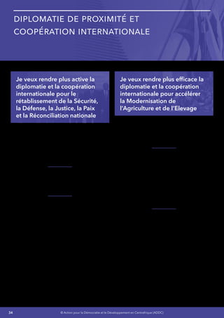 34 © Action pour la Démocratie et le Développement en Centrafrique (ADDC)
Diplomatie de Proximité et
Coopération Internationale
Je veux rendre plus active la
diplomatie et la coopération
internationale pour le
rétablissement de la Sécurité,
la Défense, la Justice, la Paix
et la Réconciliation nationale
Je renforcerai nos échanges avec la Commission
de Consolidation de la Paix du Conseil de
Sécurité des Nations Unies, avec les Services de
coopération française, l’Union européenne,
l’Union Africaine, l’Organisation International de
la Francophonie (OIF) et sur le plan bilatéral avec
les Pays frères pour une Sécurité durable,
Je ferais appel à des expertises extérieures
particulièrement celles des pays ayant fait leur
preuve pour nous aider à rétablir la gouvernance
judiciaireetaccentuerlaluttecontrelacorruption
Je renforcerai nos relations avec les pays frères
ainsi que la communauté internationale pour
consolider nos actions dans la promotion de la
Paix et la Réconciliation Nationale
Je veux rendre plus efficace la
diplomatie et la coopération
internationale pour accélérer
la Modernisation de
l’Agriculture et de l’Elevage
Je renforcerai notre partenariat avec la Banque
mondiale, FAO, Programme Alimentaire Mondial
(PAM), et les pays amis qui ont réussi dans le
développement de l’élevage
Je renforcerai nos échanges avec l’Union
Africaine (UA), la Communauté Économique
des États d’Afrique Centrale (CEEAC), la
Commission Économique des États d’Afrique
Centrale (CEMAC) et plus particulièrement les
pays voisins, notamment le Tchad, le Soudan, le
Cameroun et le Congo pour les questions des
échanges commerciaux des produits d’élevage,
ainsi que les pays de l’Afrique de l’Ouest pour
l’exportation du cuir.
Je renforcerai nos échanges avec les
partenaires techniques et financiers, parmi
lesquels l’Organisation Mondiale de la Santé
Animale (OIE), l’Union européenne (UE), la
Banque mondiale (BM), la Banque africaine de
développement (BAD), la FAO, et les pays amis
avec lesquels des accords et conventions ont été
signés avec la RCA dans le domaine de l’élevage.
 