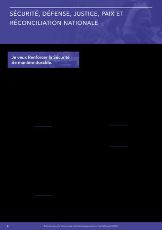 6 © Action pour la Démocratie et le Développement en Centrafrique (ADDC)
Sécurité, Défense, Justice, Paix et
Réconciliation Nationale
Je veux Renforcer la Sécurité
de manière durable.
Je réformerai la Police et la Gendarmerie
Nationale en mettant un accent particulier sur la
sélection des Hommes, le renforcement des
capacités dans des domaines tel que la sécurité
des proximités, le contrôle de l’Émigration/
Immigration, le maintien d’ordre, les
renseignements. Je renforcerai le partenariat
avec les services de coopération Française, de
l’Union Européenne, de l’Union Africaine et sur
le plan bilatéral avec les pays frères.
L’effectif de la Police et de la Gendarmerie sera
porté d’ici 2020 à trois fois l’effectif actuel.
J’élaborerai avec le concours de la MINUSCA,
un cadre pour la stabilisation de la sécurité de la
RCA en s’inspirant des leçons tirées et les acquis
de la mise en œuvre des Plans prioritaires pour
la consolidation de la Paix (PPCP) et du Cadre
stratégique pour la consolidation de la Paix
(CSCP) en 2008, 2009 et 2010 avec l’appui de
la Commission de Consolidation de la Paix du
Conseil de Sécurité des Nations Unies.
Ce cadre permettra de définir et d’accélérer
les actions prioritaires permettant d’améliorer
la répartition sur tout le territoire des forces de
sécurité nationales, mieux formées (y compris
sur les droits humains), équipées et bénéficiant
d’un soutien approprié.
Enappuidecetteréformecritiquedusecteurdela
sécurité, Je vais créer un département en charge
du Désarmement Démobilisation Réinsertion
(DDR) et un Conseil National de Sécurité (CNS)
qui auront pour objectifs la mise en œuvre du
volet DDR de la RSS afin de créer les conditions
d’une maîtrise des effectifs et d’un meilleur
contrôle des Forces de Défense et de Sécurité.
Cette mise en œuvre se fera dans une approche
incluant un volet social tel que la réhabilitation
d’infrastructures sociales et économiques pour
la réinsertion des ex-combattants.
Il sera procédé à un regroupement et une
identification des éléments des Forces Armées
Centrafricaines (FACA) d’une part, et d’autre
part à un regroupement, cantonnement et une
identification des ex-combattants de la Séléka
et des Anti Balaka. L’objectif étant d’avoir un
contrôle réel des effectifs des volontaires pour
le métier de militaire et des démobilisables et
organiser les nouveaux recrutements.
Je développerai le dialogue en vue d’un
rétablissement de la confiance des populations
dans leurs Forces de Défense et de Sécurité
(FDS).
Jevaisaccélérerlamiseenœuvreduprogramme
Création, Réhabilitation et Construction des
régions militaires puis de construction et
réhabilitation des casernes militaires, des
brigades de Gendarmerie, des Commissariats
et des logements sociaux afin de permettre
le redéploiement des FDS dans les régions
militaires et aux frontières.
Toutes ces actions permettront aux forces de
sécurité d’assurer la sécurité des populations
et iront de pair avec le cadre législatif et
réglementaire pour une meilleure gouvernance
du secteur de la sécurité que je renforcerai.
 