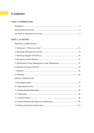 www.seeval-project.eu
/
info@seeval-project.eu
4
Contents
PART 1 - INTRODUCTION
Background .......................................................................................................................... 4
Social Emotional Education .................................................................................................. 3
The SEEVAL Programme of Activities................................................................................. 5
PART 2 - ACTIVITIES
PERSONAL COMPETENCES
1. Adolescence – What do you mean? ................................................................................. 15
2. Identifying and Expressing Emotions .............................................................................. 19
3. Identifying Strengths/ Self-Efficacy................................................................................. 29
4. Developing a Growth Mindset......................................................................................... 37
5. Self-Regulation (Stress Management & Anger Management) .......................................... 47
6. Dealing with Negative Emotions ..................................................................................... 54
7. Resilience ....................................................................................................................... 60
8. Wellbeing ....................................................................................................................... 66
SOCIAL COMPETENCES
9. Developing Empathy....................................................................................................... 70
10. Appreciating Diversity .................................................................................................. 78
11. Building Healthy Relationships ..................................................................................... 85
12. Collaboration ................................................................................................................ 90
13. Conflict Resolution ....................................................................................................... 98
14. Ethical and Responsible Behaviours and Decisions...................................................... 104
15. Dealing with Negative Relationships ........................................................................... 113
 