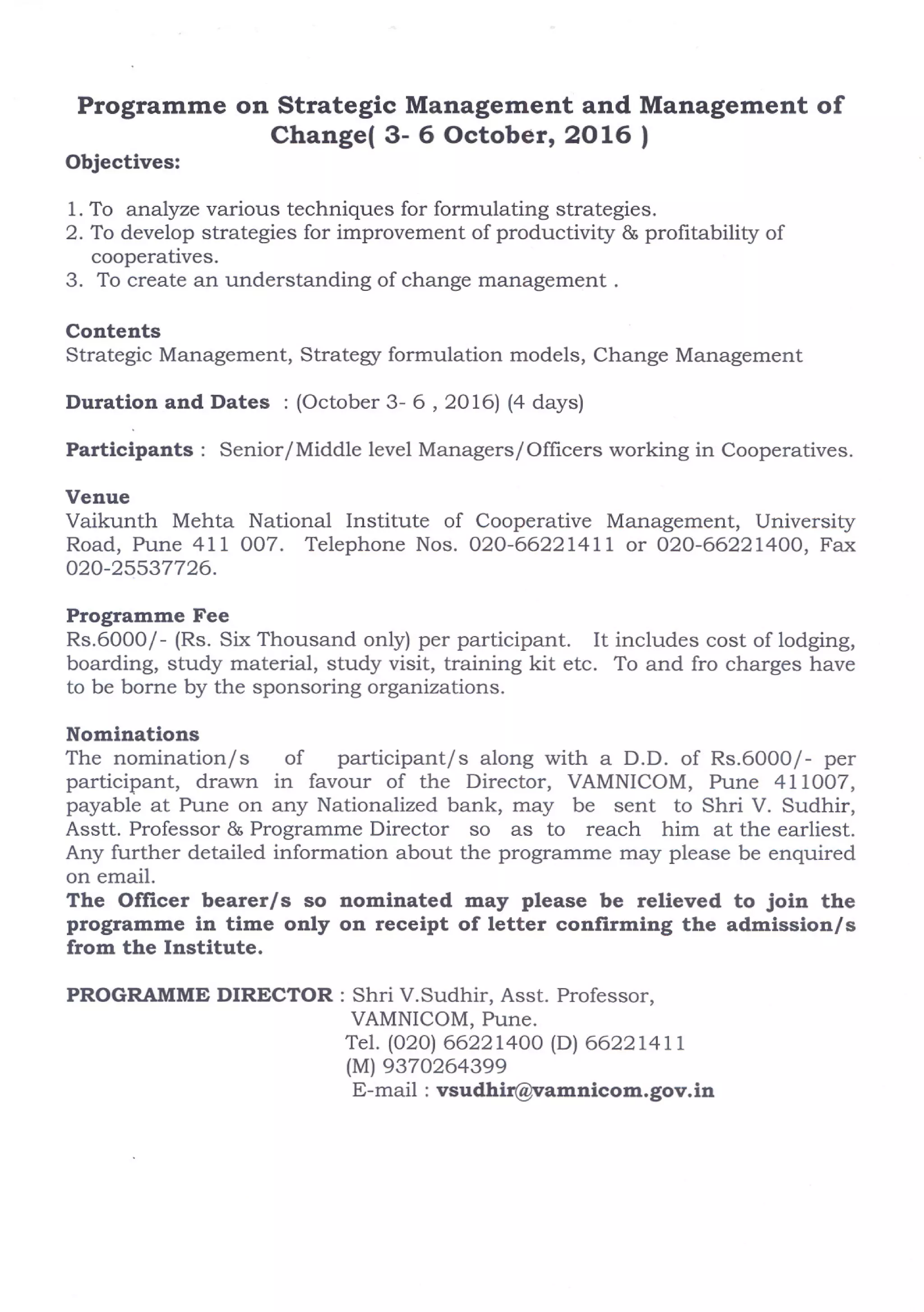 Programme on Strategic Management and Management of Change