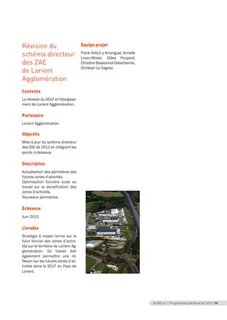 Révision du
schéma directeur
des ZAE
de Lorient
Agglomération
Contexte
La révision du SCoT et l'élargisse-
ment de Lorient Agglomération.
Partenaire
Lorient Agglomération
Objectifs
Mise à jour du schéma directeur
des ZAE de 2011 en intégrant les
points ci-dessous.
Description
Actualisation des périmètres des
futures zones d’activités.
Optimisation foncière suite au
travail sur la densification des
zones d’activités.
Nouveaux périmètres.
Échéance
Juin 2015
Livrable
Stratégie à moyen terme sur le
futur foncier des zones d’activi-
tés sur le territoire de Lorient Ag-
glomération. Ce travail doit
également permettre une ré-
flexion sur les futures zones d’ac-
tivités dans le SCoT du Pays de
Lorient.
Équipe projet
Frank Antich y Amengual, Armelle
Livory-Moser, Gilles Poupard,
Christine Boissonnot-Delachienne,
Christian Le Cagnec.
AudéLor - Programme partenarial 2015 I 11
programme_partenarial_aude_2015_Rapport d'activité 01/04/2015 09:24 Page 11
 
