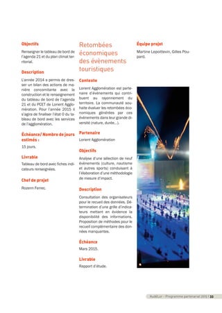 AudéLor - Programme partenarial 2015 I 33
Objectifs
Renseigner le tableau de bord de
l’agenda 21 et du plan climat ter-
ritorial.
Description
L’année 2014 a permis de dres-
ser un bilan des actions de ma-
nière concomitante avec la
construction et le renseignement
du tableau de bord de l’agenda
21 et du PCET de Lorient Agglo-
mération. Pour l’année 2015 il
s’agira de finaliser l’état 0 du ta-
bleau de bord avec les services
de l’agglomération.
Échéance/ Nombre de jours
estimés :
15 jours.
Livrable
Tableau de bord avec fiches indi-
cateurs renseignées.
Chef de projet
Rozenn Ferrec.
Retombées
économiques
des évènements
touristiques
Contexte
Lorient Agglomération est parte-
naire d’évènements qui contri-
buent au rayonnement du
territoire. La communauté sou-
haite évaluer les retombées éco-
nomiques générées par ces
évènements dans leur grande di-
versité (nature, durée…).
Partenaire
Lorient Agglomération
Objectifs
Analyse d’une sélection de neuf
évènements (culture, nautisme
et autres sports) conduisant à
l’élaboration d’une méthodologie
de mesure d’impact.
Description
Consultation des organisateurs
pour le recueil des données. Dé-
termination d’une grille d’indica-
teurs mettant en évidence la
disponibilité des informations.
Proposition de méthodes pour le
recueil complémentaire des don-
nées manquantes.
Échéance
Mars 2015.
Livrable
Rapport d’étude.
Équipe projet
Martine Lepoittevin, Gilles Pou-
pard.
programme_partenarial_aude_2015_Rapport d'activité 01/04/2015 09:24 Page 33
 