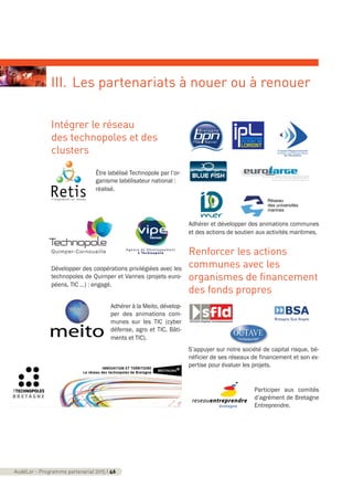 AudéLor - Programme partenarial 2015 I 46
III. Les partenariats à nouer ou à renouer
Intégrer le réseau
des technopoles et des
clusters
Être labélisé Technopole par l’or-
ganisme labélisateur national :
réalisé.
Développer des coopérations privilégiées avec les
technopoles de Quimper et Vannes (projets euro-
péens, TIC …) : engagé.
Adhérer à la Meito, dévelop-
per des animations com-
munes sur les TIC (cyber
défense, agro et TIC, Bâti-
ments et TIC).
Adhérer et développer des animations communes
et des actions de soutien aux activités maritimes.
Renforcer les actions
communes avec les
organismes de financement
des fonds propres
S’appuyer sur notre société de capital risque, bé-
néficier de ses réseaux de financement et son ex-
pertise pour évaluer les projets.
Participer aux comités
d’agrément de Bretagne
Entreprendre.
Réseau
des universités
marines
programme_partenarial_aude_2015_Rapport d'activité 01/04/2015 09:25 Page 46
 