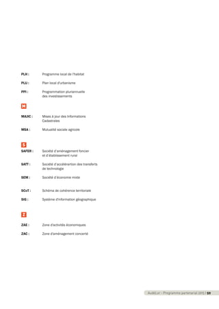 PLH : Programme local de l'habitat
PLU : Plan local d'urbanisme
PPI : Programmation pluriannuelle
des investissements
MAJIC : Mises à jour des Informations
Cadastrales
MSA : Mutualité sociale agricole
SAFER : Société d’aménagement foncier
et d’établissement rural
SATT : Société d’accélérartion des transferts
de technologie
SEM : Société d’économie mixte
SCoT : Schéma de cohérence territoriale
SIG : Système d'information géographique
ZAE : Zone d'activités économiques
ZAC : Zone d'aménagement concerté
Z
S
M
AudéLor - Programme partenarial 2015 I 3AudéLor - Programme partenarial 2015 I 59
programme_partenarial_aude_2015_Rapport d'activité 01/04/2015 09:25 Page 59
 