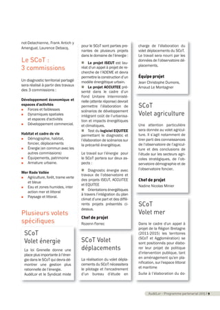 not-Delachienne, Frank Antich y
Amengual, Laurence Debacq.
Le SCoT :
3 commissions
Un diagnostic territorial partagé
sera réalisé à partir des travaux
des 3 commissions :
Développement économique et
espaces d'activités
n Forces et faiblesses
n Dynamiques spatiales
et espaces d'activités
n Développement commercial.
Habitat et cadre de vie
n Démographie, habitat,
foncier, déplacements
n Énergie (en commun avec les
autres commissions)
n Équipements, patrimoine
n Armature urbaine.
Mer Rade Vallée
n Agriculture, forêt, trame verte
et bleue
n Eau et zones humides, inter
action mer et littoral
n Paysage et littoral.
Plusieurs volets
spécifiques
SCoT
Volet énergie
La loi Grenelle donne une
place plus importante à l’éner-
gie dans le SCoT qui devra dé-
montrer une gestion plus
rationnelle de l’énergie.
AudéLor et le Syndicat mixte
pour le SCoT sont parties pre-
nantes de plusieurs projets
dans le domaine de l’énergie :
n Le projet ISEUT est lau-
réat d’un appel à projet de re-
cherche de l’ADEME et devra
permettre la construction d’un
modèle énergétique urbain.
n Le projet ACCUITEE pré-
senté dans le cadre d’un
Fond Unitaire Interministé-
rielle (attente réponse) devrait
permettre l’élaboration de
scénarios de développement
intégrant coût de l’urbanisa-
tion et impacts énergétiques
et climatiques.
n Test du logiciel EQUITEE
permettant le diagnostic et
l’élaboration de scénarios sur
la précarité énergétique.
Le travail sur l’énergie pour
le SCoT portera sur deux as-
pects :
n Diagnostic énergie avec
travaux de l’observatoire et
des projets ISEUT, ACCUITEE
et EQUITEE
n Orientations énergétiques
à travers l’intégration du plan
climat d’une part et des diffé-
rents projets présentés ci-
dessus.
Chef de projet
Rozenn Ferrec
AudéLor - Programme partenarial 2015 I 9
SCoT
Volet agriculture
Une attention particulière
sera donnée au volet agricul-
ture. Il s’agit notamment de
tirer parti des connaissances
de l’observatoire de l’agricul-
ture et des conclusions de
l’étude sur les secteurs agri-
coles stratégiques, de l’ob-
servatoire démographie et de
l’observatoire foncier.
Chef de projet
Nadine Nicolas Minier
SCoT
Volet mer
Dans le cadre d'un appel à
projet de la Région Bretagne
(2011-2015) les territoires
(SCoT et Agglomération) se
sont positionnés pour élabo-
rer leur projet de politique
d'intervention publique, tant
en aménagement qu'en pla-
nification, sur l'espace littoral
et maritime
Suite à l’élaboration du do-
SCoT Volet
déplacements
La réalisation du volet dépla-
cements du SCoT nécessitera
le pilotage et l'encadrement
d’un bureau d’étude en
charge de l’élaboration du
volet déplacements du SCoT.
Le travail sera nourri par les
données de l’observatoire dé-
placements.
Équipe projet
Jean Christophe Dumons,
Arnaud Le Montagner
programme_partenarial_aude_2015_Rapport d'activité 01/04/2015 09:24 Page 9
 