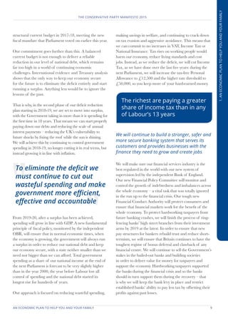 AN ECONOMIC PLAN TO HELP YOU AND YOUR FAMILY	 9
THE CONSERVATIVE PARTY MANIFESTO 2015
1.ANECONOMICPLANTOHELPYOUANDYOURFAMILY
structural current budget in 2017-18, meeting the new
fiscal mandate that Parliament voted on earlier this year.
Our commitment goes further than this. A balanced
current budget is not enough to deliver a reliable
reduction in our level of national debt, which remains
far too high in a world of continuing economic
challenges. International evidence and Treasury analysis
shows that the only way to keep our economy secure
for the future is to eliminate the deficit entirely and start
running a surplus. Anything less would be to ignore the
lessons of the past.
That is why, in the second phase of our deficit reduction
plan starting in 2018-19, we are set to move into surplus,
with the Government taking in more than it is spending for
the first time in 18 years. That means we can start properly
paying down our debts and reducing the scale of annual
interest payments – reducing the UK’s vulnerability to
future shocks by fixing the roof while the sun is shining.
We will achieve this by continuing to control government
spending in 2018-19, no longer cutting it in real terms, but
instead growing it in line with inflation.
From 2019-20, after a surplus has been achieved,
spending will grow in line with GDP. A new fundamental
principle of fiscal policy, monitored by the independent
OBR, will ensure that in normal economic times, when
the economy is growing, the government will always run
a surplus in order to reduce our national debt and keep
our economy secure, with a state neither smaller than we
need nor bigger than we can afford. Total government
spending as a share of our national income at the end of
the next Parliament is forecast to be very slightly higher
than in the year 2000, the year before Labour lost all
control of spending and the national debt started its
longest rise for hundreds of years.
Our approach is focused on reducing wasteful spending,
making savings in welfare, and continuing to crack down
on tax evasion and aggressive avoidance. This means that
we can commit to no increases in VAT, Income Tax or
National Insurance. Tax rises on working people would
harm our economy, reduce living standards and cost
jobs. Instead, as we reduce the deficit, we will cut Income
Tax, as we have done over the last five years: during the
next Parliament, we will increase the tax-free Personal
Allowance to £12,500 and the higher rate threshold to
£50,000, so you keep more of your hard-earned money.
We will continue to build a stronger, safer and
more secure banking system that serves its
customers and provides businesses with the
finance they need to grow and create jobs
We will make sure our financial services industry is the
best regulated in the world with our new system of
supervision led by the independent Bank of England.
Our new Financial Policy Committee will monitor and
control the growth of indebtedness and imbalances across
the whole economy – a vital task that was totally ignored
in the run up to the financial crisis. Our tough new
Financial Conduct Authority will protect consumers and
ensure that financial markets work for the benefit of the
whole economy. To protect hardworking taxpayers from
future banking crashes, we will finish the process of ring-
fencing banks’ high street branches from their investment
arms by 2019 at the latest. In order to ensure that new
pay structures for bankers rebuild trust and reduce short-
termism, we will ensure that Britain continues to have the
toughest regime of bonus deferral and clawback of any
financial centre. We will continue to sell the Government’s
stakes in the bailed-out banks and building societies
in order to deliver value for money for taxpayers and
support the economy. Hardworking taxpayers supported
the banks during the financial crisis and so the banks
should in turn support them during the recovery – that
is why we will keep the bank levy in place and restrict
established banks’ ability to pay less tax by offsetting their
profits against past losses.
The richest are paying a greater
share of income tax than in any
of Labour’s 13 years
To eliminate the deficit we
must continue to cut out
wasteful spending and make
government more efficient,
effective and accountable
 