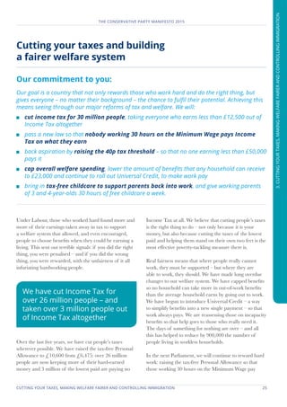 CUTTING YOUR TAXES, MAKING WELFARE FAIRER AND CONTROLLING IMMIGRATION	 25
THE CONSERVATIVE PARTY MANIFESTO 2015
Under Labour, those who worked hard found more and
more of their earnings taken away in tax to support
a welfare system that allowed, and even encouraged,
people to choose benefits when they could be earning a
living. This sent out terrible signals: if you did the right
thing, you were penalised – and if you did the wrong
thing, you were rewarded, with the unfairness of it all
infuriating hardworking people.
Over the last five years, we have cut people’s taxes
wherever possible. We have raised the tax-free Personal
Allowance to £10,600 from £6,475: over 26 million
people are now keeping more of their hard-earned
money and 3 million of the lowest paid are paying no
Income Tax at all. We believe that cutting people’s taxes
is the right thing to do – not only because it is your
money, but also because cutting the taxes of the lowest
paid and helping them stand on their own two feet is the
most effective poverty-tackling measure there is.
Real fairness means that where people really cannot
work, they must be supported – but where they are
able to work, they should. We have made long overdue
changes to our welfare system. We have capped benefits
so no household can take more in out-of-work benefits
than the average household earns by going out to work.
We have begun to introduce Universal Credit – a way
to simplify benefits into a new single payment – so that
work always pays. We are reassessing those on incapacity
benefits so that help goes to those who really need it.
The days of something for nothing are over – and all
this has helped to reduce by 900,000 the number of
people living in workless households.
In the next Parliament, we will continue to reward hard
work: raising the tax-free Personal Allowance so that
those working 30 hours on the Minimum Wage pay
Cutting your taxes and building
a fairer welfare system
Our commitment to you:
Our goal is a country that not only rewards those who work hard and do the right thing, but
gives everyone – no matter their background – the chance to fulfil their potential. Achieving this
means seeing through our major reforms of tax and welfare. We will:
	 cut income tax for 30 million people, taking everyone who earns less than £12,500 out of
Income Tax altogether
	 pass a new law so that nobody working 30 hours on the Minimum Wage pays Income
Tax on what they earn
	 back aspiration by raising the 40p tax threshold – so that no one earning less than £50,000
pays it
	 cap overall welfare spending, lower the amount of benefits that any household can receive
to £23,000 and continue to roll out Universal Credit, to make work pay
	 bring in tax-free childcare to support parents back into work, and give working parents
of 3 and 4-year-olds 30 hours of free childcare a week.
We have cut Income Tax for
over 26 million people – and
taken over 3 million people out
of Income Tax altogether
3.CUTTINGYOURTAXES,MAKINGWELFAREFAIRERANDCONTROLLINGIMMIGRATION
 