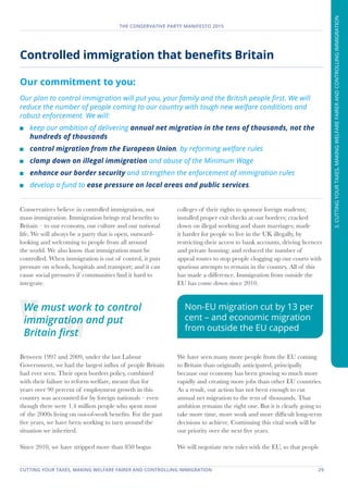 CUTTING YOUR TAXES, MAKING WELFARE FAIRER AND CONTROLLING IMMIGRATION	 29
THE CONSERVATIVE PARTY MANIFESTO 2015
3.CUTTINGYOURTAXES,MAKINGWELFAREFAIRERANDCONTROLLINGIMMIGRATION
Controlled immigration that benefits Britain
Our commitment to you:
Our plan to control immigration will put you, your family and the British people first. We will
reduce the number of people coming to our country with tough new welfare conditions and
robust enforcement. We will:
	 keep our ambition of delivering annual net migration in the tens of thousands, not the
hundreds of thousands
	 control migration from the European Union, by reforming welfare rules
	 clamp down on illegal immigration and abuse of the Minimum Wage
	 enhance our border security and strengthen the enforcement of immigration rules
	 develop a fund to ease pressure on local areas and public services.
Conservatives believe in controlled immigration, not
mass immigration. Immigration brings real benefits to
Britain – to our economy, our culture and our national
life. We will always be a party that is open, outward-
looking and welcoming to people from all around
the world. We also know that immigration must be
controlled. When immigration is out of control, it puts
pressure on schools, hospitals and transport; and it can
cause social pressures if communities find it hard to
integrate.
Between 1997 and 2009, under the last Labour
Government, we had the largest influx of people Britain
had ever seen. Their open borders policy, combined
with their failure to reform welfare, meant that for
years over 90 percent of employment growth in this
country was accounted for by foreign nationals – even
though there were 1.4 million people who spent most
of the 2000s living on out-of-work benefits. For the past
five years, we have been working to turn around the
situation we inherited.
Since 2010, we have stripped more than 850 bogus
colleges of their rights to sponsor foreign students;
installed proper exit checks at our borders; cracked
down on illegal working and sham marriages; made
it harder for people to live in the UK illegally, by
restricting their access to bank accounts, driving licences
and private housing; and reduced the number of
appeal routes to stop people clogging up our courts with
spurious attempts to remain in the country. All of this
has made a difference. Immigration from outside the
EU has come down since 2010.
We have seen many more people from the EU coming
to Britain than originally anticipated, principally
because our economy has been growing so much more
rapidly and creating more jobs than other EU countries.
As a result, our action has not been enough to cut
annual net migration to the tens of thousands. That
ambition remains the right one. But it is clearly going to
take more time, more work and more difficult long-term
decisions to achieve. Continuing this vital work will be
our priority over the next five years.
We will negotiate new rules with the EU, so that people
We must work to control
immigration and put
Britain first
Non-EU migration cut by 13 per
cent – and economic migration
from outside the EU capped
 