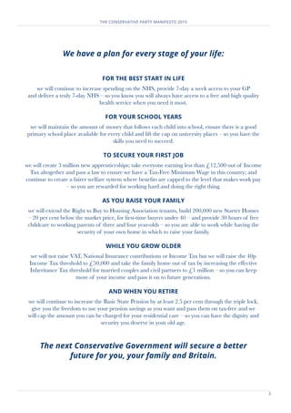 3
THE CONSERVATIVE PARTY MANIFESTO 2015
We have a plan for every stage of your life:
FOR THE BEST START IN LIFE
we will continue to increase spending on the NHS, provide 7-day a week access to your GP
and deliver a truly 7-day NHS – so you know you will always have access to a free and high quality
health service when you need it most.
FOR YOUR SCHOOL YEARS
we will maintain the amount of money that follows each child into school, ensure there is a good
primary school place available for every child and lift the cap on university places – so you have the
skills you need to succeed.
TO SECURE YOUR FIRST JOB
we will create 3 million new apprenticeships; take everyone earning less than £12,500 out of Income
Tax altogether and pass a law to ensure we have a Tax-Free Minimum Wage in this country; and
continue to create a fairer welfare system where benefits are capped to the level that makes work pay
– so you are rewarded for working hard and doing the right thing.
AS YOU RAISE YOUR FAMILY
we will extend the Right to Buy to Housing Association tenants, build 200,000 new Starter Homes
– 20 per cent below the market price, for first-time buyers under 40 – and provide 30 hours of free
childcare to working parents of three and four year-olds – so you are able to work while having the
security of your own home in which to raise your family.
WHILE YOU GROW OLDER
we will not raise VAT, National Insurance contributions or Income Tax but we will raise the 40p
Income Tax threshold to £50,000 and take the family home out of tax by increasing the effective
Inheritance Tax threshold for married couples and civil partners to £1 million – so you can keep
more of your income and pass it on to future generations.
AND WHEN YOU RETIRE
we will continue to increase the Basic State Pension by at least 2.5 per cent through the triple lock,
give you the freedom to use your pension savings as you want and pass them on tax-free and we
will cap the amount you can be charged for your residential care – so you can have the dignity and
security you deserve in your old age.
The next Conservative Government will secure a better
future for you, your family and Britain.
 