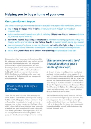 SECURING YOUR HOME AND YOUR NEIGHBOURHOOD	 51
THE CONSERVATIVE PARTY MANIFESTO 2015
5.SECURINGYOURHOMEANDYOURNEIGHBOURHOOD
Helping you to buy a home of your own
Our commitment to you:
The chance to own your own home should be available to everyone who works hard. We will:
	 help to keep mortgage rates lower by continuing to work through our long-term
economic plan
	 build more homes that people can afford, including 200,000 new Starter Homes exclusively
for first-time buyers under 40
	 extend the Help to Buy Equity Loan scheme to 2020 to help more people onto and up the
housing ladder, and introduce a new Help to Buy ISA to support people saving for a deposit
	 give more people the chance to own their home by extending the Right to Buy to tenants of
Housing Associations and create a Brownfield Fund to unlock homes on brownfield land
	ensure local people have more control over planning and protect the Green Belt
Conservatives believe passionately in home ownership.
We understand how good it feels when you have worked
long hours, saved money for years, and finally take
possession of the keys to your first home. For years,
however, people have been finding it harder and harder
to get on the housing ladder. Under Labour, house-
building fell to its lowest peacetime level since the
1920s. Developers were building too few homes and
the aftermath of the banking crisis saw young people
struggling to raise a deposit.
These past five years have been about reversing this
trend. We have unblocked the planning system, to help
builders start building again. We have introduced Help
to Buy, making it much easier for people to secure a
mortgage. And we have reinvigorated the Right to Buy
which Labour had cut back, extending home ownership
to a whole new generation of social tenants. As a result,
over 200,000 people have been helped either on or up
the housing ladder. Most of those helped have been
young first-time buyers spread right across our country.
As the party of home ownership, we want to go further
and faster – and this manifesto sets out our plan. At its
heart, a clear objective to build affordable homes, including
200,000 Starter Homes which will be sold at a 20 per cent
discount, and will be built exclusively for first time buyers
under the age of 40. At the same time, we will extend our
Help to Buy Equity Loan scheme, introduce a new Help to
Buy ISA, extend the Right to Buy to Housing Association
tenants and make sure that, when it comes to planning
decisions, local people are in charge.
And for all those already in their home, we will make
sure we continue working through our economic plan,
so mortgage rates stay lower for longer and people
can keep hold of their homes and plan for the future
– safe in the knowledge they have a government that is
competently looking after the public finances so they
can look after their own.
Everyone who works hard
should be able to own a
home of their own
House building at its highest
since 2007
 