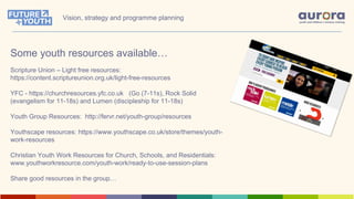 Some youth resources available…
Scripture Union – Light free resources:
https://content.scriptureunion.org.uk/light-free-resources
YFC - https://churchresources.yfc.co.uk (Go (7-11s), Rock Solid
(evangelism for 11-18s) and Lumen (discipleship for 11-18s)
Youth Group Resources: http://fervr.net/youth-group/resources
Youthscape resources: https://www.youthscape.co.uk/store/themes/youth-
work-resources
Christian Youth Work Resources for Church, Schools, and Residentials:
www.youthworkresource.com/youth-work/ready-to-use-session-plans
Share good resources in the group…
Vision, strategy and programme planning
 