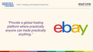 “Provide a global trading
platform where practically
anyone can trade practically
anything.”
Vision, strategy and programme planning
 