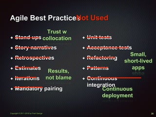 Copyright © 2011-2016 by Fred George
Agile Best Practices
✦ Stand ups
✦ Story narratives
✦ Retrospectives
✦ Estimates
✦ Iterations
✦ Mandatory pairing
26
✦ Unit tests
✦ Acceptance tests
✦ Refactoring
✦ Patterns
✦ Continuous
integration
Trust w
collocation
Results,
not blame
Small,
short-lived
apps
Continuous
deployment
Not Used
 