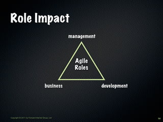 Role Impact
                                                  management




                                                    Agile
                                                    Roles


                                       business                development




Copyright © 2011 by Forward Internet Group, Ltd                              14
 