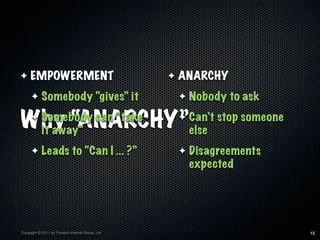✦    EMPOWERMENT                                  ✦   ANARCHY
      ✦     Somebody “gives” it                       ✦   Nobody to ask

Why “ANARCHY”
      ✦     Somebody can “take
            it away”
                                                      ✦   Can’t stop someone
                                                          else
      ✦     Leads to “Can I ... ?”                    ✦   Disagreements
                                                          expected




Copyright © 2011 by Forward Internet Group, Ltd                                15
 