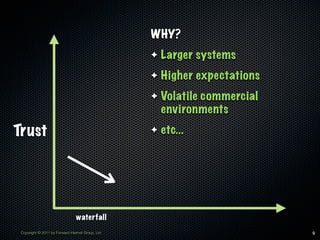 WHY?
                                                   ✦   Larger systems
                                                   ✦   Higher expectations
                                                   ✦   Volatile commercial
                                                       environments

Trust                                              ✦   etc...




                                 waterfall
 Copyright © 2011 by Forward Internet Group, Ltd                             9
 