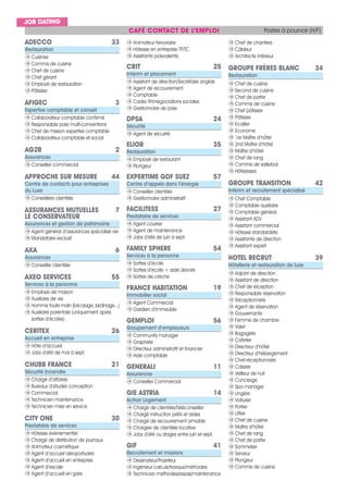 CAFÉ CONTACT DE L’EMPLOI
JOB DATING
Postes à pourvoir (H/F)
ADECCO 33
Restauration
B Cuisinier
B Commis de cuisine
B Chef de cuisine
B Chef gérant
B Employé de restauration
B Pâtissier
AFIGEC 3
Expertise comptable et conseil
B Collaborateur comptable confirmé
B Responsable paie multi-conventions
B Chef de mission expertise comptable
B Collaborateur comptable et social
AG2R 2
Assurances
B Conseiller commercial
APPROCHE SUR MESURE 44
Centre de contacts pour entreprises
du Luxe
B Conseillère clientèle
ASSURANCES MUTUELLES 7
LE CONSERVATEUR
Assurances et gestion de patrimoine
B Agent général d’assurances spécialisé vie
B Mandataire exclusif
AXA 6
Assurances
B Conseiller clientèle
AXEO SERVICES 55
Services à la personne
B Employé de maison
B Auxiliaire de vie
B Homme toute main (bricolage, jardinage...)
B Auxiliaire parentale (uniquement après
sorties d’écoles)
CERITEX 26
Accueil en entreprise
B Hôte d’accueil
B Jobs d’été de mai à sept.
CHUBB FRANCE 21
Sécurité Incendie
B Chargé d’affaires
B Bureaux d’études conception
B Commercial
B Technicien maintenance
B Technicien mise en service
CITY ONE 30
Prestataire de services
B Hôtesse événementiel
B Chargé de distribution de journaux
B Animateur cosmétique
B Agent d’accueil aéroportuaire
B Agent d’accueil en entreprise
B Agent d’escale
B Agent d’accueil en gare
B Animateur ferroviaire
B Hôtesse en entreprise TP/TC
B Assistante polyvalente
CRIT 25
Intérim et placement
B Assistant de direction/Secrétaire anglais
B Agent de recouvrement
B Comptable
B Cadre RH/négociations sociales
B Gestionnaire de paie
DPSA 24
Sécurité
B Agent de sécurité
ELIOR 35
Restauration
B Employé de restaurant
B Plongeur
EXPERTIME GDF SUEZ 57
Centre d’appels dans l’énergie
B Conseiller clientèle
B Gestionnaire administratif
FACILITESS 27
Prestataire de services
B Agent courrier
B Agent de maintenance
B Jobs d’été de juin à sept.
FAMILY SPHERE 54
Services à la personne
B Sorties d’école
B Sorties d’école + aide devoirs
B Sorties de crèche
FRANCE HABITATION 19
Immobilier social
B Agent Commercial
B Gardien d’immeuble
GEMPLOI 56
Groupement d’employeurs
B Community manager
B Graphiste
B Directeur administratif et financier
B Aide comptable
GENERALI 11
Assurances
B Conseiller Commercial
GIE ASTRIA 14
Action Logement
B Chargé de clientèle/Téléconseiller
B Chargé instruction prêts et aides
B Chargé de recouvrement amiable
B Chargée de clientèle locative
B Jobs d’été ou stages entre juin et sept.
GIF 41
Recrutement et missions
B Dessinateur/Projeteur
B Ingénieur calculs/travaux/méthodes
B Technicien méthodes/essais/maintenance
B Chef de chantiers
B Câbleur
B Architecte intérieur
GROUPE FRÈRES BLANC 34
Restauration
B Chef de cuisine
B Second de cuisine
B Chef de partie
B Commis de cuisine
B Chef pâtissier
B Pâtissier
B Ecailler
B Econome
B 1er Maître d’hôtel
B 2nd Maître d’hôtel
B Maître d’hôtel
B Chef de rang
B Commis de salle/bar
B Hôte(esse)
GROUPE TRANSITION 42
Intérim et recrutement spécialisé
B Chef Comptable
B Comptable auxiliaire
B Comptable général
B Assistant ADV
B Assistant commercial
B Hôtesse standardiste
B Assistante de direction
B Assistant expert
HOTEL RECRUT 39
Hôtellerie et restauration de luxe
B Adjoint de direction
B Assistant de direction
B Chef de réception
B Responsable réservation
B Réceptionniste
B Agent de réservation
B Gouvernante
B Femme de chambre
B Valet
B Bagagiste
B Cafetier
B Directeur d’hôtel
B Directeur d’hébergement
B Chef-réceptionniste
B Caissier
B Veilleur de nuit
B Concierge
B Spa manager
B Lingère
B Voiturier
B Portier
B Liftier
B Chef de cuisine
B Maître d’hôtel
B Chef de rang
B Chef de partie
B Sommelier
B Serveur
B Plongeur
B Commis de cuisine
 