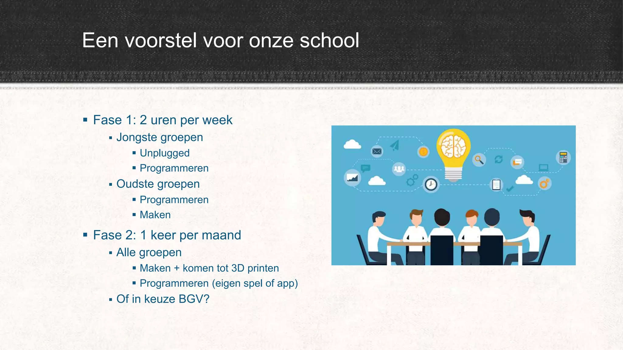 Een voorstel voor onze school
 Fase 1: 2 uren per week
 Jongste groepen
 Unplugged
 Programmeren
 Oudste groepen
 Programmeren
 Maken
 Fase 2: 1 keer per maand
 Alle groepen
 Maken + komen tot 3D printen
 Programmeren (eigen spel of app)
 Of in keuze BGV?
 