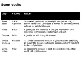 Some results

Crop       Country     Results


Sweet      CIP &       20 varieties performed very well (32 tons per hectare) in
potato     Argentina   sandy, saline soils. Developed a method for screening in vitro
                       cultures for salinity tolerance.
Maize      Brazil      5 genotypes with tolerance to drought. Populations with
                       resistance to Phaeosphaeria leaf spot and rust.
Banana     India       4 genotypes with drought tolerance

Wheat,     Pakistan    127 wheat accessions resistant to yellow rust and potentially
chickpea               25 tolerant to drought. 5 chickpea accessions highly resistant
                       to Aschochyta blight.
Sweet      PNG         32 accessions resistant to scab disease (Elsinoe batatas)
potato                 and 7 with cold tolerance
 