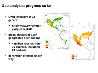 Gap analysis: progress so far


  • CWR inventory of 92
    genera

    • http://www.cwrdiversit
      y.org/checklist/

  • global dataset of CWR
    geographic distributions

    • 4 million records from
      76 sources, including
      20 herbaria

  • generation of maps under
    way
 