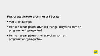 Frågor att diskutera och testa i Scratch
• Vad är en talföljd?
• Hur kan arean på en rätvinklig triangel uttryckas som en
programmeringsalgoritm?
• Hur kan arean på en cirkel uttryckas som en
programmeringsalgoritm?
 