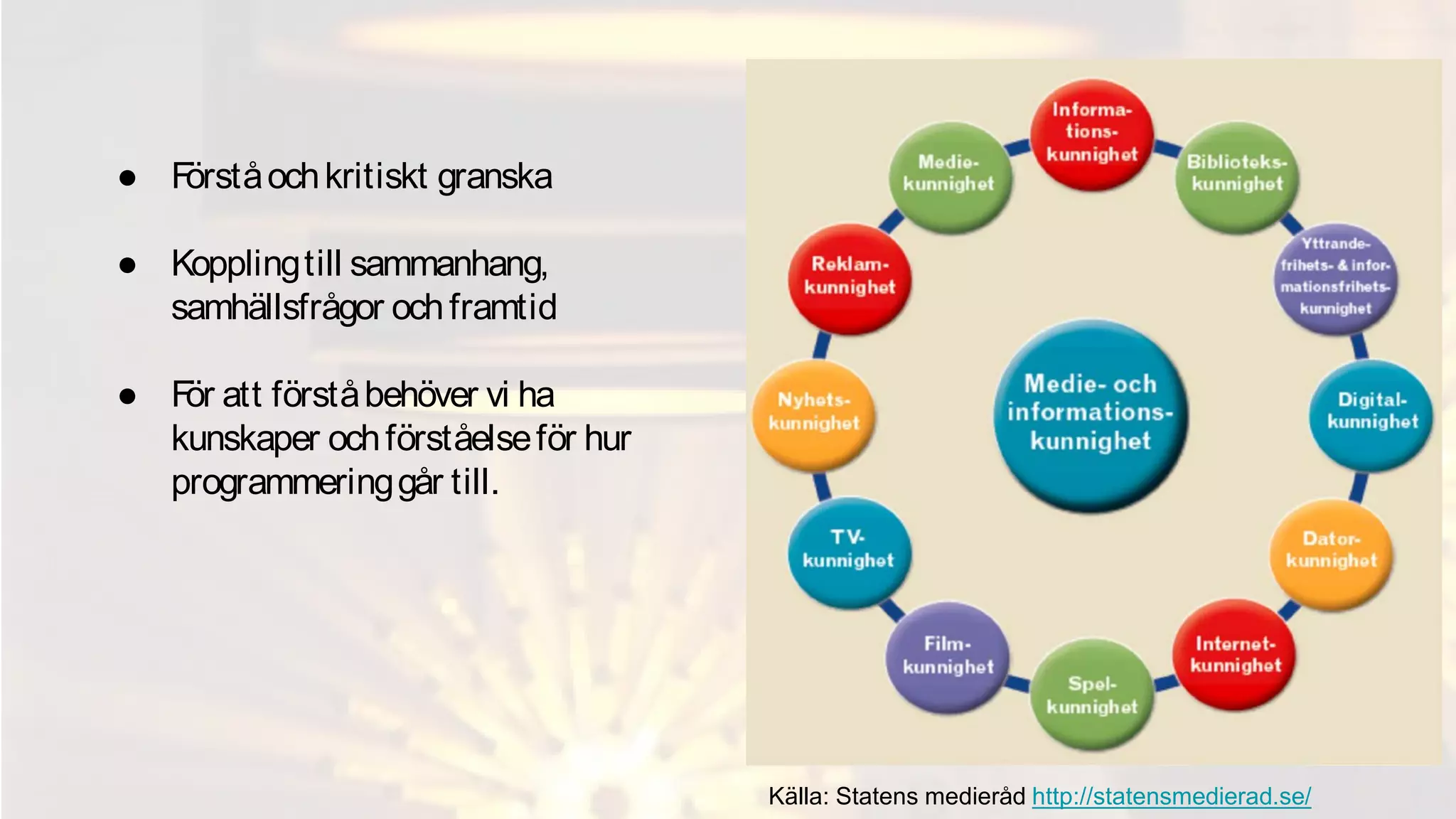 Källa: Statens medieråd http://statensmedierad.se/
● Förståochkritiskt granska
● Kopplingtill sammanhang,
samhällsfrågor ochframtid
● För att förståbehöver vi ha
kunskaper ochförståelseför hur
programmeringgår till.
 