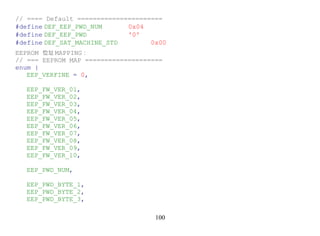 // ==== Default ======================
#define DEF_EEP_PWD_NUM      0x04
#define DEF_EEP_PWD          '0'
#define DEF_SAT_MACHINE_STD        0x00
EEPROM 位址 MAPPING：
// === EEPROM MAP ====================
enum {
   EEP_VERFINE = 0,

  EEP_FW_VER_01,
  EEP_FW_VER_02,
  EEP_FW_VER_03,
  EEP_FW_VER_04,
  EEP_FW_VER_05,
  EEP_FW_VER_06,
  EEP_FW_VER_07,
  EEP_FW_VER_08,
  EEP_FW_VER_09,
  EEP_FW_VER_10,

  EEP_PWD_NUM,

  EEP_PWD_BYTE_1,
  EEP_PWD_BYTE_2,
  EEP_PWD_BYTE_3,

                                    100
 