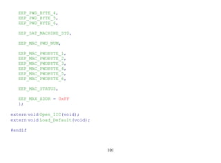 EEP_PWD_BYTE_4,
   EEP_PWD_BYTE_5,
   EEP_PWD_BYTE_6,

   EEP_SAT_MACHINE_STD,

   EEP_MAC_PWD_NUM,

   EEP_MAC_PWDBYTE_1,
   EEP_MAC_PWDBYTE_2,
   EEP_MAC_PWDBYTE_3,
   EEP_MAC_PWDBYTE_4,
   EEP_MAC_PWDBYTE_5,
   EEP_MAC_PWDBYTE_6,

   EEP_MAC_STATUS,

   EEP_MAX_ADDR = 0xFF
   };

extern void Open_IIC(void);
extern void Load_Default(void);

#endif



                                  101
 