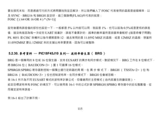 要去探究未知，而是透過可行的方式將問題找到並且解決，所以我們輸入了 FOSC 代表使用的晶振是這個頻率，以
及 SYNC、BRG16 和 BRGH 設定好，這三個旗標(FLAG)所代表的就是：
FOSC /[ ( 64 OR 16 OR 4 ) * (N+1)]

設完後還有誤差值的部份也設定一下，一般都是 5% 以內就可以用，我設是 1%，也可以設為 0.5%或是更低的誤差
值，這沒有差因為每一次收完 UART 就重計，誤差不會累計的，越準的鮑率當然是容錯率會較好‧ (這是奇檬子問題)
PS. 8051 是 CISC 架構所以指令週期是除 12，過去常用的是 11.0592 MHZ 的晶振，或是 12MHZ 的晶振，想當然
11.0592MHZ 要比 12MHZ 來的支援比特率要更高，因為可以被整除‧


5.2.30. 參考資料 ─ PIC18F45J10 系列─ 波特率發生器（ BRG ）

BRG 是一個專用的 8 位或 16 位發生器，支持 EUSART 的異步和同步模式。默認情況下， BRG 工作在 8 位模式下，
將 BRG16 位（ BAUDCON<3> ）置 1 可選擇 16 位模式。
SPBRGH:SPBRG 寄存器對控制一個獨立運行定時器的周 期。在 異 步 模 式 下， BRGH （ TXSTA<2> ）位 和
BRG16 （ BAUDCON<3> ）位也控制波特率。在同步模式下， BRGH 位會被忽略。
表 16-1 所示為不同 EUSART 模式的波特率計算公式，但僅適用於主控模式（由內部產生時鐘信號）。
給定目標波特率和 FOSC 的情況下，可以使用表 16-1 中的公式計算 SPBRGH:SPBRG 寄存器中的近似整數值，從
而確定波特率誤差。


例 16-1 給出了計算示例。


                                     115
 