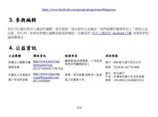 https://www.facebook.com/groups/programmerMagazine/


3. 參與編輯
您也可以擔任程式人雜誌的編輯，甚至創造一個全新的公益雜誌，我們誠摯的邀請您加入「開放公益
出版」的行列，如果您想擔任編輯或創造新雜誌，也歡迎到 程式人雜誌的 facebook 社團 來與我們討
論相關事宜。


4. 公益資訊
公益團體          聯絡資訊                 服務對象                        捐款帳號
                                   顱顏患者(如唇顎裂、小耳症或
財團法人羅慧夫顱 http://www.nncf.org/                                  銀行：009 彰化銀行民生分行
              lynn@nncf.org        其他罕見顱顏缺陷）
顏基金會          02-27190408 分機 232                               帳號：5234-01-41778-800

                                                               銀行：新光銀行
社團法人台灣省兒 http://www.cyga.org/      單親、隔代教養.弱勢及一般家
              cyga99@gmail.com                                 戶名：台灣省兒童少年成長協會
童少年成長協會       04-23058005          庭之兒童青少年                     帳號：103-0912-10-000212-0




                                           119
 