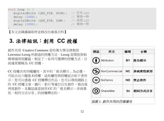 void loop () {
   digitalWrite (LED_PIN, HIGH);   //   打开 LED
   delay (1000);                   //   等待一秒
   digitalWrite (LED_PIN, LOW);    //   关闭 LED
   delay (1000);                   //   等待一秒
}
【本文由陳鍾誠取材並修改自維基百科】

3. 法律短訊：創用 CC 授權
創作共用 Creative Commons 是哈佛大學法律教授
Lawrence Lessig 所創造的授權方法。Lessig 從開放原始
碼領域得到靈感，制定了一系列可選擇的授權方式，目
前通常簡稱為 CC 授權。

CC 授權共有四種屬性，其中的「姓名標示」為必選，
可組合出六種基本授權，這些屬性與授權組合如下表所
示，您可以透過 CC 授權釋出作品，也可以尋找網路上
的 CC 授權文章、圖片、影片等進行衍生創作，修改後
再度創作，本雜誌就是採用 CC 的「姓名標示、非商業
性、相同方式分享」的授權釋出的。

                                                 插圖 3: 創作共用的四種屬性

                                         12
 