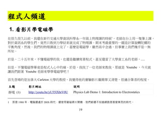 程式人頻道
    1. 看影片學電磁學
在很久很久以前，我還在新竹交通大學資訊科學系一年級上物理課的時候1，老師在台上用一隻筆上課，
對於資訊系的學生們，竟然只教到力學結束就完成了物理課。期末考最重要的一題是計算旋轉陀螺的
平衡角度，然後、我們的物理課就上完了，甚麼是電磁學，雖然高中念過，但事實上我們幾乎是一無
所知。

於是、二十五年來，不懂電磁學的我，也還是繼續寫著程式，甚至還當了大學資工系的老師，.....

但是，不懂電磁學畢竟是程式人心中的痛。於是，我找了一位老師來教我，那就是 Youtube ，今天就
讓我們跟著 Youtube 老師來學學電磁學吧！

首先登場的是加拿大 Carleton 大學的教授，我覺得他的實驗影片繼簡單又清楚，很適合筆者的程度。

主題        影片網址                          說明
靜電 (1)    http://youtu.be/yU55lXbrV0U   Physics Lab Demo 1: Introduction to Electrostatics


1   那是 1988 年，電腦還處於 DOS 時代，還使用著磁碟片開機，我們都還不知道網路是甚麼東西的時代。

                                            19
 