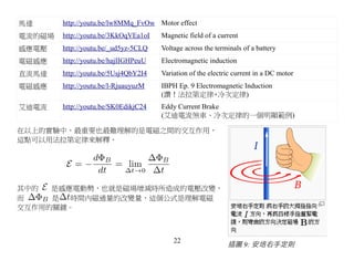 馬達      http://youtu.be/lw8MMq_FvOw Motor effect
電流的磁場   http://youtu.be/3KkOqVEa1oI   Magnetic field of a current
感應電壓    http://youtu.be/_ud5yz-5CLQ   Voltage across the terminals of a battery
電磁感應    http://youtu.be/hajIIGHPeuU   Electromagnetic induction
直流馬達    http://youtu.be/5Usj4QbY2I4   Variation of the electric current in a DC motor
電磁感應    http://youtu.be/l-RjuauyuzM   IBPH Ep. 9 Electromagnetic Induction
                                      (讚！法拉第定律+冷次定律)
艾迪電流    http://youtu.be/SK0EdikjC24   Eddy Current Brake
                                      (艾迪電流煞車、冷次定律的一個明顯範例)

在以上的實驗中，最重要也最難理解的是電磁之間的交互作用，
這點可以用法拉第定律來解釋，




其中的  是感應電動勢，也就是磁場增減時所造成的電壓改變，
而    是  時間內磁通量的改變量，這個公式是理解電磁
交互作用的關鍵。



                                          22
                                                             插圖 9: 安培右手定則
 