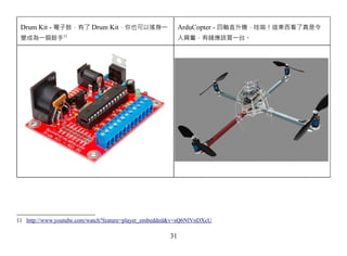 Drum Kit - 電子鼓，有了 Drum Kit，你也可以搖身一                        ArduCopter - 四軸直升機，哇嗚！這東西看了真是令
 變成為一個鼓手11                                                 人興奮，有錢應該買一台。




11 http://www.youtube.com/watch?feature=player_embedded&v=sQ6NlVnDXcU

                                                      31
 