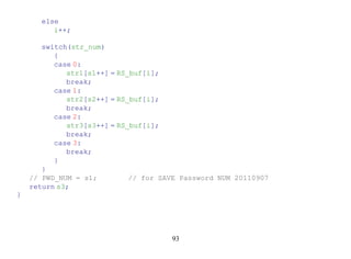 else
          i++;

       switch(str_num)
          {
          case 0:
             str1[s1++] = RS_buf[i];
             break;
          case 1:
             str2[s2++] = RS_buf[i];
             break;
          case 2:
             str3[s3++] = RS_buf[i];
             break;
          case 3:
             break;
          }
       }
    // PWD_NUM = s1;         // for SAVE Password NUM 20110907
    return s3;
}




                                      93
 