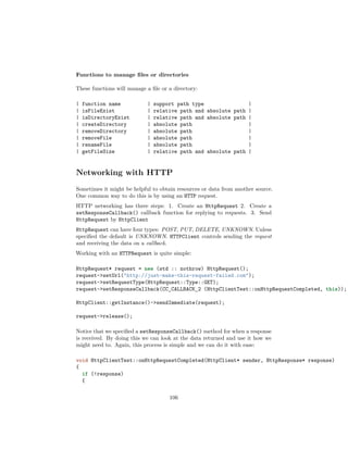 Functions to manage files or directories
These functions will manage a file or a directory:
| function name | support path type |
| isFileExist | relative path and absolute path |
| isDirectoryExist | relative path and absolute path |
| createDirectory | absolute path |
| removeDirectory | absolute path |
| removeFile | absolute path |
| renameFile | absolute path |
| getFileSize | relative path and absolute path |
Networking with HTTP
Sometimes it might be helpful to obtain resources or data from another source.
One common way to do this is by using an HTTP request.
HTTP networking has three steps: 1. Create an HttpRequest 2. Create a
setResponseCallback() callback function for replying to requests. 3. Send
HttpRequest by HttpClient
HttpRequest can have four types: POST, PUT, DELETE, UNKNOWN. Unless
specified the default is UNKNOWN. HTTPClient controls sending the request
and receiving the data on a callback.
Working with an HTTPRequest is quite simple:
HttpRequest* request = new (std :: nothrow) HttpRequest();
request-setUrl(http://just-make-this-request-failed.com);
request-setRequestType(HttpRequest::Type::GET);
request-setResponseCallback(CC_CALLBACK_2 (HttpClientTest::onHttpRequestCompleted, this));
HttpClient::getInstance()-sendImmediate(request);
request-release();
Notice that we specified a setResponseCallback() method for when a response
is received. By doing this we can look at the data returned and use it how we
might need to. Again, this process is simple and we can do it with ease:
void HttpClientTest::onHttpRequestCompleted(HttpClient* sender, HttpResponse* response)
{
if (!response)
{
106
 