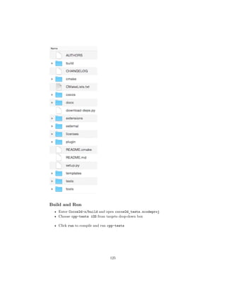 Build and Run
• Enter Cocos2d-x/build and open cocos2d_tests.xcodeproj
• Choose cpp-tests iOS from targets drop-down box
• Click run to compile and run cpp-tests
125
 